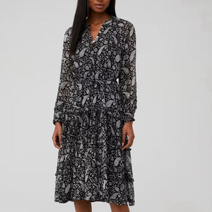 CLEOBELLA Black White Paisley Boho KALLA MIDI Tiered DRESS Drop Waist Sz Medium